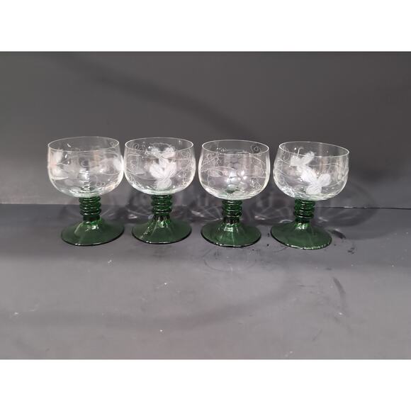 Roemer Etched Grape Glasses, Cordial Wine Set of 4, Green Ribbed Stem, Drinkware - Picture 2 of 9